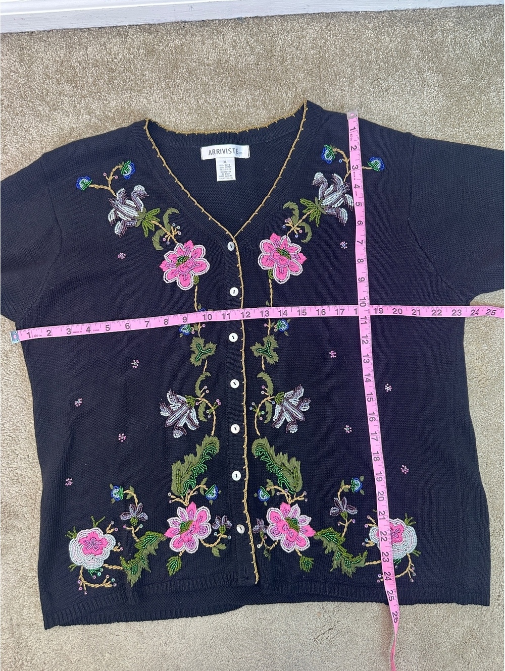 VTG Women’s Sz XL Arriviste Black Beaded Floral Cardigan Sweater Cottagecore - Picture 9 of 9